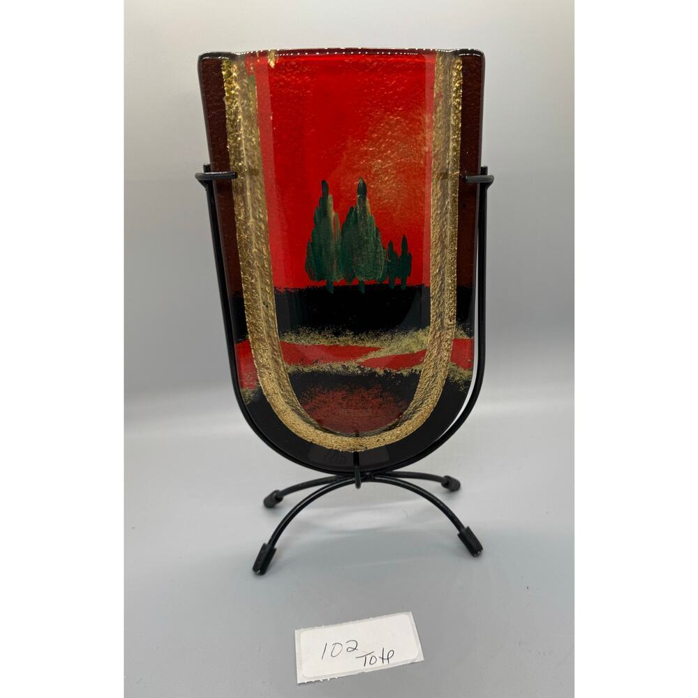 Vintage Jasmine Art Glass Vase in Metal Stand Black Gold Red Green Trees Vibrant - Picture 6 of 13
